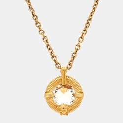 Pre Owned Versace Medusa Crystal Gold Tone Long Pendant Necklace