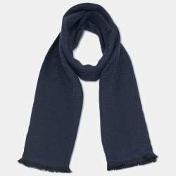 Pre Owned Versace Blue Logo Jacquard Wool Stole 