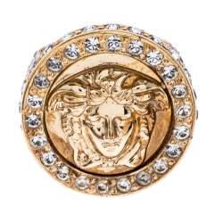 Pre Owned Versace Gold Tone and Crystal Studded Medusa Ring Size 54