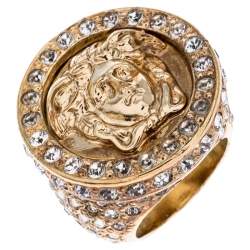 Pre Owned Versace Gold Tone and Crystal Studded Medusa Ring Size 54