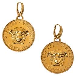 Pre Owned Versace Medusa Coin Gold Tone Drop Earring 