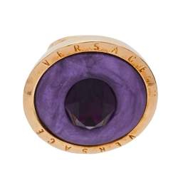 Pre Owned Versace Enamel Crystal Gold Tone Cocktail Ring Size 59
