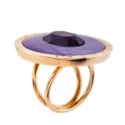 Pre Owned Versace Enamel Crystal Gold Tone Cocktail Ring Size 59