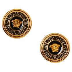مملوكة مسبقًا Versace Medusa Black Enamel Gold Tone Round Stud Earrings
