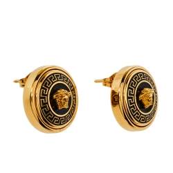 مملوكة مسبقًا Versace Medusa Black Enamel Gold Tone Round Stud Earrings