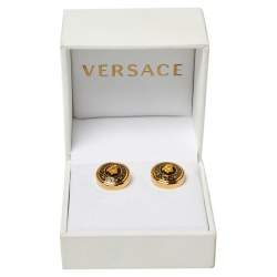 مملوكة مسبقًا Versace Medusa Black Enamel Gold Tone Round Stud Earrings