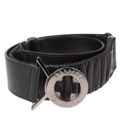 Pre Owned Versace Black Leather Round Logo Buckle Waist Belt 80CM