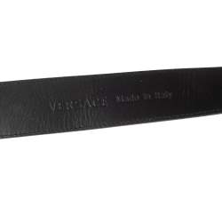 Pre Owned Versace Black Leather Round Logo Buckle Waist Belt 80CM