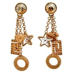 Pre Owned Versace Gold Tone Crystal Star & Medusa Drop Earrings