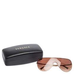 Pre Owned Versace Gold Tone Crystals/ Brown Gradient 2230-B Shield Sunglasses