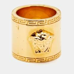 Pre Owned Versace Medusa Greek Key Gold Tone Metal Wide Band Ring Size 55