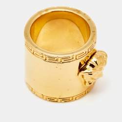 Pre Owned Versace Medusa Greek Key Gold Tone Metal Wide Band Ring Size 55