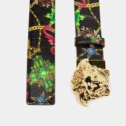 مملوكة مسبقًا حزام فيرساتشي بإبزيم مادوسا جلد أسود 95 سم