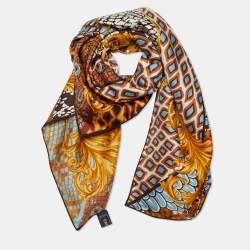Versace Gold Multi Motif Print Silk Scarf