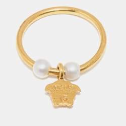 Versace Medusa Faux Pearl Gold Tone Ring Size 53