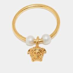Versace Medusa Faux Pearl Gold Tone Ring Size 53