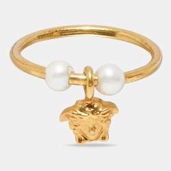 Versace Medusa Faux Pearl Gold Tone Ring Size 53