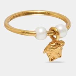 Versace Medusa Faux Pearl Gold Tone Ring Size 53