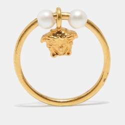 Versace Medusa Faux Pearl Gold Tone Ring Size 53