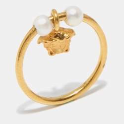 Versace Medusa Faux Pearl Gold Tone Ring Size 53