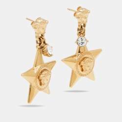 Pre Owned Versace Medusa Crystals Star Sterling Silver Gold Tone Drop Earrings