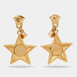 Pre Owned Versace Medusa Crystals Star Sterling Silver Gold Tone Drop Earrings