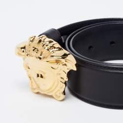 Pre Owned Versace Black Leather Medusa Buckle Belt 75CM