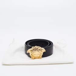 Pre Owned Versace Black Leather Medusa Buckle Belt 75CM