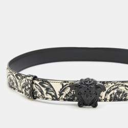 Pre Owned Versace Black/White Baroque Print Leather Medusa Waist Belt 80 CM