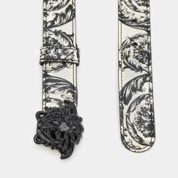 Pre Owned Versace Black/White Baroque Print Leather Medusa Waist Belt 80 CM