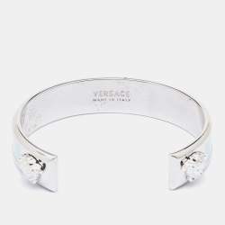 Pre Owned Versace Silver Tone Logo Enamel Medusa Open Cuff Bracelet