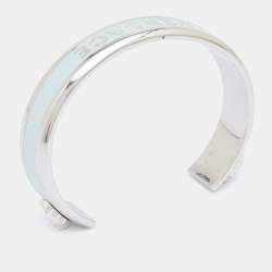 Pre Owned Versace Silver Tone Logo Enamel Medusa Open Cuff Bracelet