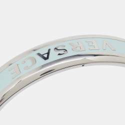 Pre Owned Versace Silver Tone Logo Enamel Medusa Open Cuff Bracelet