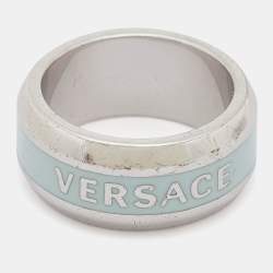 Pre Owned Versace Silver Tone Blue Enamel Medussa Head Band Ring EU 57