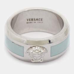 Pre Owned Versace Silver Tone Blue Enamel Medussa Head Band Ring EU 57