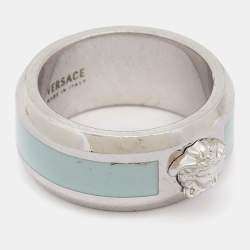 Pre Owned Versace Silver Tone Blue Enamel Medussa Head Band Ring EU 57