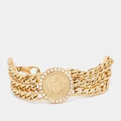 Versace Gold Tone Crystal Detail Multi Chain Bracelet