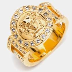 مملوكة مسبقًا Versace Gold Tone Crystal Studded Medusa Head Band Ring Size 54