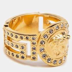 مملوكة مسبقًا Versace Gold Tone Crystal Studded Medusa Head Band Ring Size 54