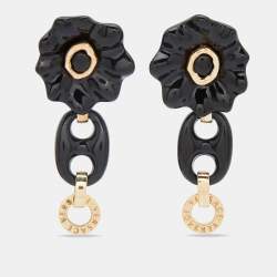 Pre Owned Versace Black Floral Resin Gold Tone Dangle Clip On Earrings