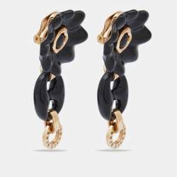 Pre Owned Versace Black Floral Resin Gold Tone Dangle Clip On Earrings