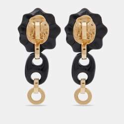 Pre Owned Versace Black Floral Resin Gold Tone Dangle Clip On Earrings