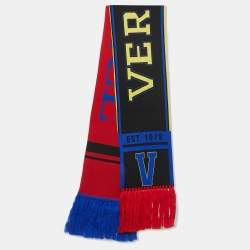 Pre Owned Versace Multicolor Logo Embroidered Wool Knit Fringed Scarf