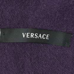 Pre Owned Versace Purple Wool Logo Detail Fringed Stole