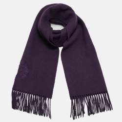 Pre Owned Versace Purple Wool Logo Detail Fringed Stole