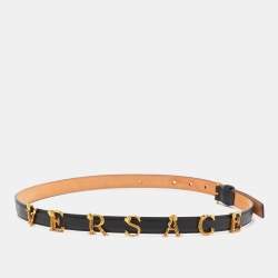 Pre Owned Versace Black Leather Metal Logo Buckle Belt 90CM