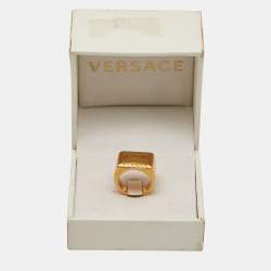 Pre Owned Versace Address Signet Gold Tone Ring Size 57