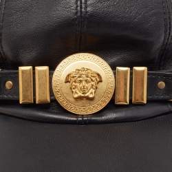 Pre Owned Versace Tribute Black Leather Medusa Medalion Baseball Cap Size 57