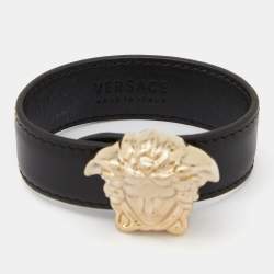 Pre Owned Versace Medusa Black Leather Gold Tone Bracelet