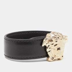 Pre Owned Versace Medusa Black Leather Gold Tone Bracelet